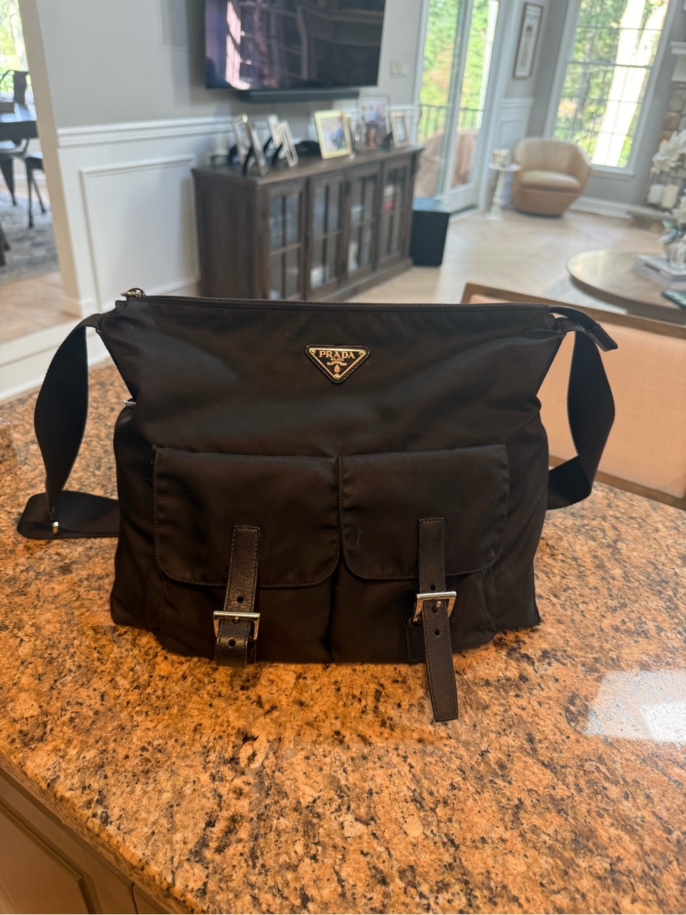 Prada Black Nylon Messenger with Front Buckle Pockets